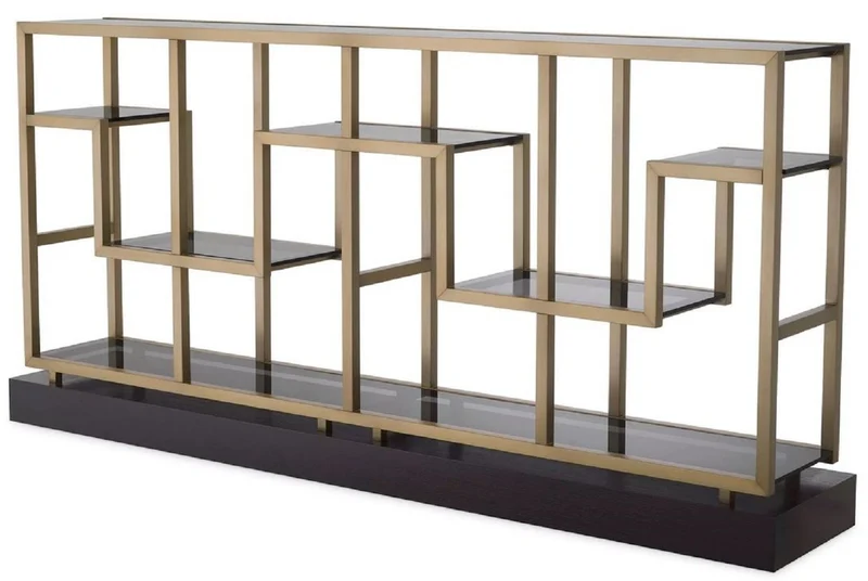 Casa Padrino Luxus Konsole Messing / Grau / Schwarz 213,5 x 34 x H. 104,5 cm - Rechteckiger Konsolentisch mit Glasplatten - Wohnzimmer Möbel - Hotel Möbel - Luxus Möbel - Luxus Einrichtung