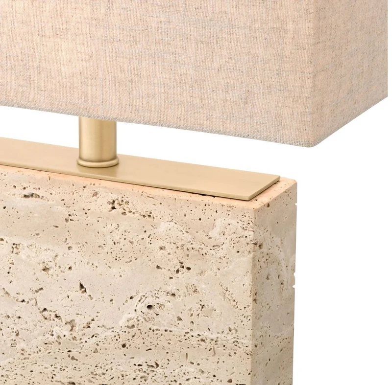 Casa Padrino Luxus Tischleuchte Beige / Antik Messing 40 x 22 x H. 55 cm - Travertin Schreibtischleuchte mit rechteckigem Lampenschirm - Luxus Tischleuchten - Luxus Schreibtischleuchten