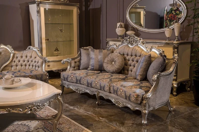 Casa Padrino Luxus Barock Wohnzimmer Set Grau / Blau / Silber - 2 Barock Sofas & 2 Barock Sessel & 1 Barock Couchtisch - Wohnzimmer Möbel im Barockstil - Barock Möbel - Barock Einrichtung
