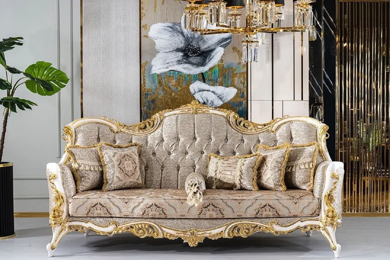 Casa Padrino Luxus Barock Wohnzimmer Set Silber / Beige / Schwarz / Weiß / Gold - 2 Barock Sofas & 2 Barock Sessel & 1 Barock Couchtisch - Luxus Wohnzimmer Möbel im Barockstil - Barock Möbel