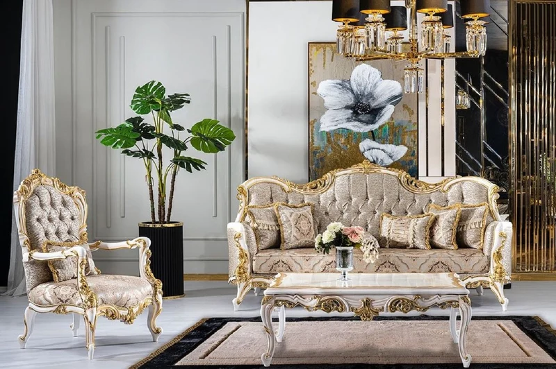 Casa Padrino Luxus Barock Wohnzimmer Set Silber / Beige / Schwarz / Weiß / Gold - 2 Barock Sofas & 2 Barock Sessel & 1 Barock Couchtisch - Luxus Wohnzimmer Möbel im Barockstil - Barock Möbel