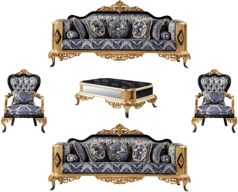 Casa Padrino Luxus Barock Wohnzimmer Set Blau / Schwarz / Gold - 2 Barock Sofas & 2 Barock Sessel & 1 Barock Couchtisch - Luxus Wohnzimmer Möbel im Barockstil - Barock Möbel - Edel & Prunkvoll