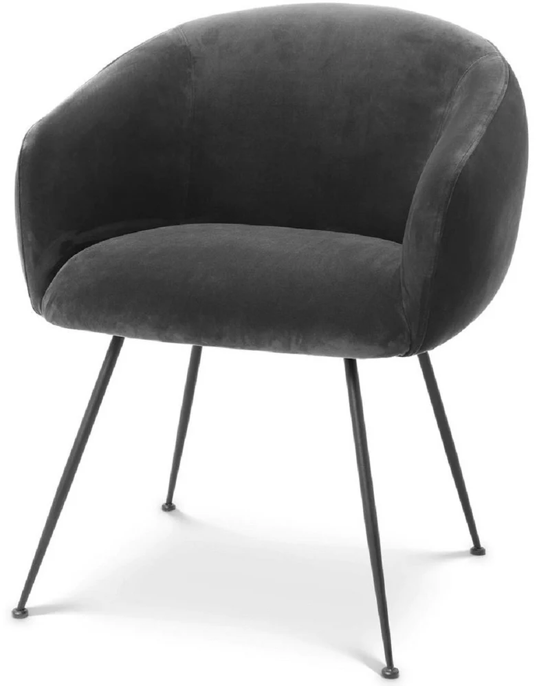 Casa Padrino Luxus Esszimmerstuhl mit Armlehnen Grau / Schwarz 61 x 60 x H. 79 cm - Küchenstuhl mit edlem Samtstoff - Esszimmer Möbel - Küchen Möbel - Luxus Möbel - Luxus Einrichtung