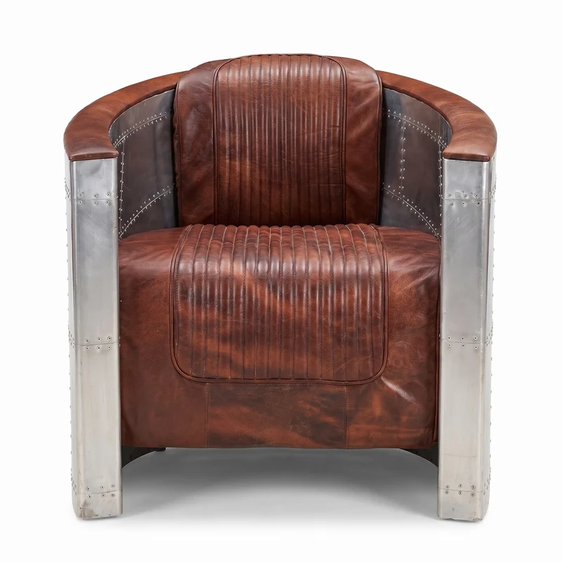 Casa Padrino Luxus Art Deco Leder Sessel Vintage Braun / Silber - Aluminium Wohnzimmer Sessel mit hochwertigem Echtleder - Lounge Sessel - Flugzeug Flieger Echtleder Möbel