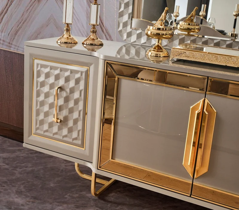 Casa Padrino Luxus Art Deco Möbel Set Grau / Gold - 1 Luxus Art Deco Sideboard mit 4 Türen & 1 Luxus Art Deco Spiegel - Art Deco Möbel - Luxus Möbel - Luxus Einrichtung - Art Deco Einrichtung