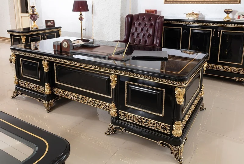 Casa Padrino Luxus Barock Leder Bürostuhl Bordeauxrot / Schwarz / Gold - Höhenverstellbarer Echttleder Schreibtischstuhl - Luxus Büro Möbel im Barockstil - Barock Möbel - Barock Einrichtung