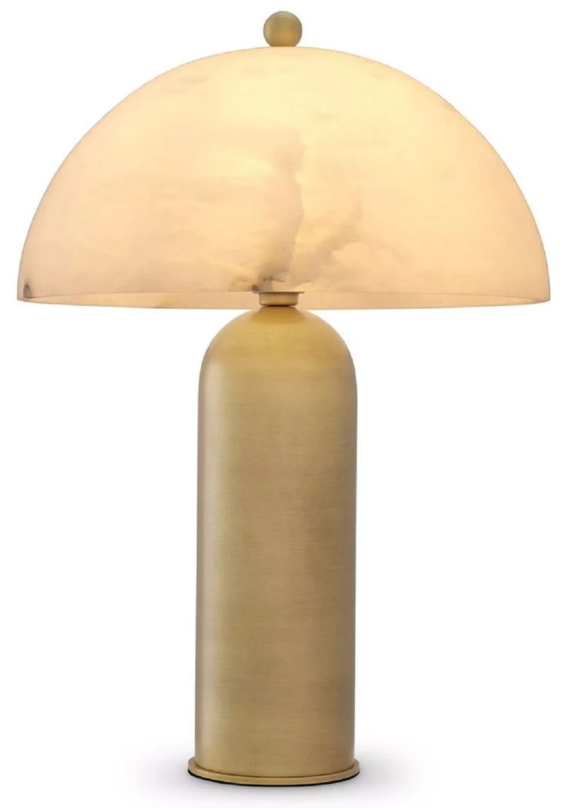 Casa Padrino Luxus Tischleuchte Antik Messing / Alabaster Ø 39,5 x H. 58 cm - Runde Metall Schreibtschleuchte mit Alabaster Lampenschirm - Luxus Leuchten - Luxus Möbel - Luxus Interior