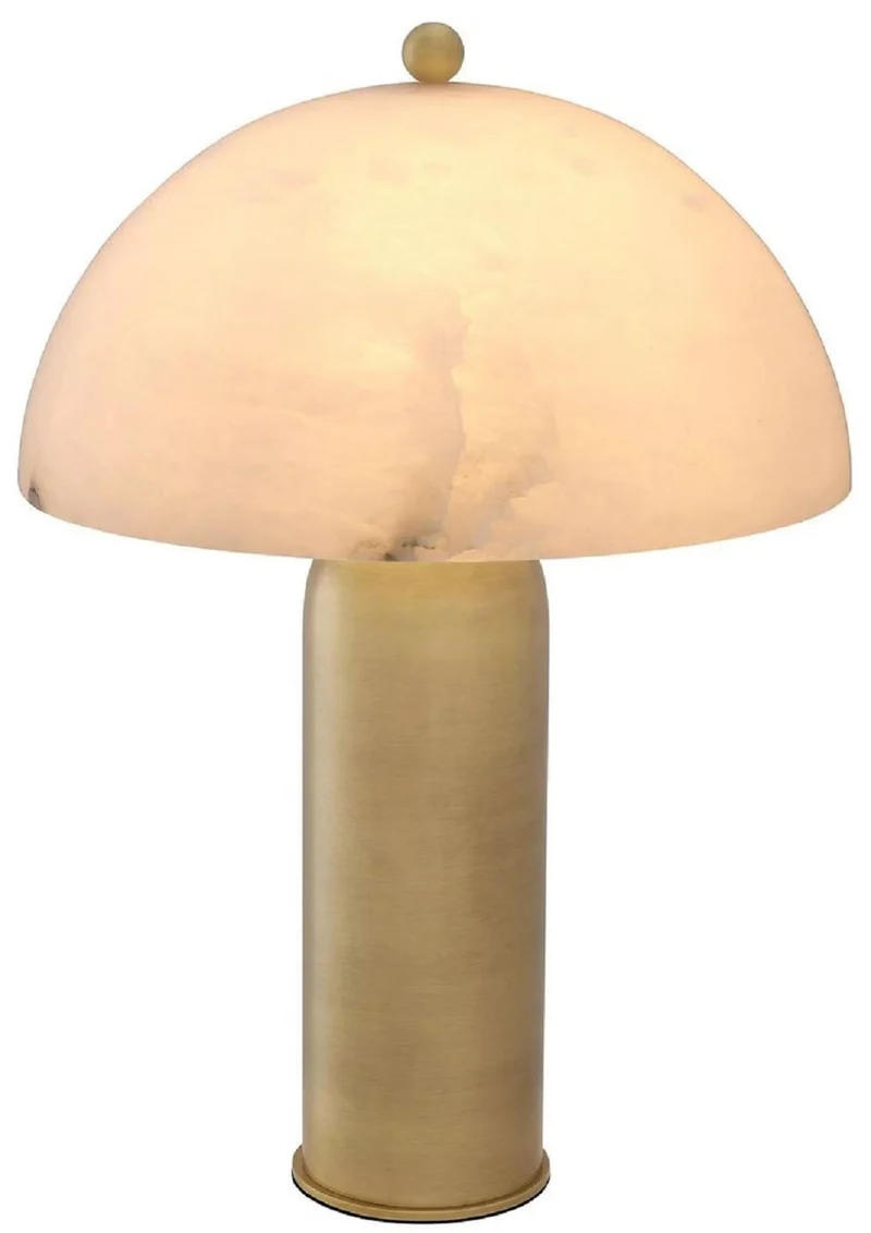 Casa Padrino Luxus Tischleuchte Antik Messing / Alabaster Ø 39,5 x H. 58 cm - Runde Metall Schreibtschleuchte mit Alabaster Lampenschirm - Luxus Leuchten - Luxus Möbel - Luxus Interior