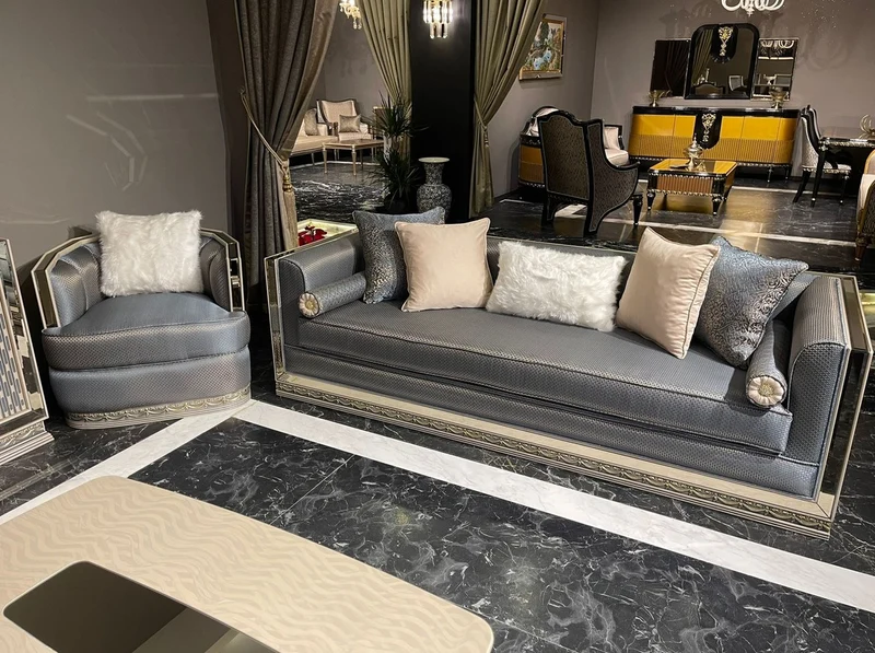 Casa Padrino Luxus Art Deco Sessel Hellblau / Silber / Creme - Verspiegelter Wohnzimmer Sessel - Wohnzimmer Möbel - Art Deco Möbel - Luxus Möbel - Art Deco Einrichtung - Luxus Einrichtung