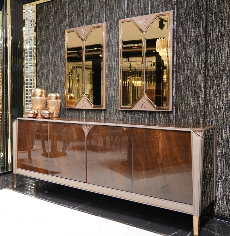 Casa Padrino Luxus Möbel Set Dunkelbraun / Grau / Kupfer / Gold - 1 Luxus Sideboard mit 4 Türen & 2 Luxus Wandspiegel - Esszimmer Möbel - Esszimmer Einrichtung - Luxus Möbel - Luxus Einrichtung