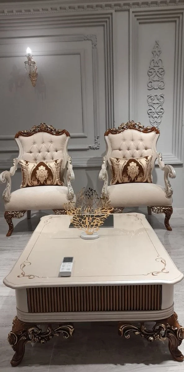 Casa Padrino Luxus Barock Sessel Beige / Grau / Braun / Gold - Handgefertigter Barockstil Wohnzimmer Sessel - Barock Wohnzimmer Möbel - Edel & Prunkvoll