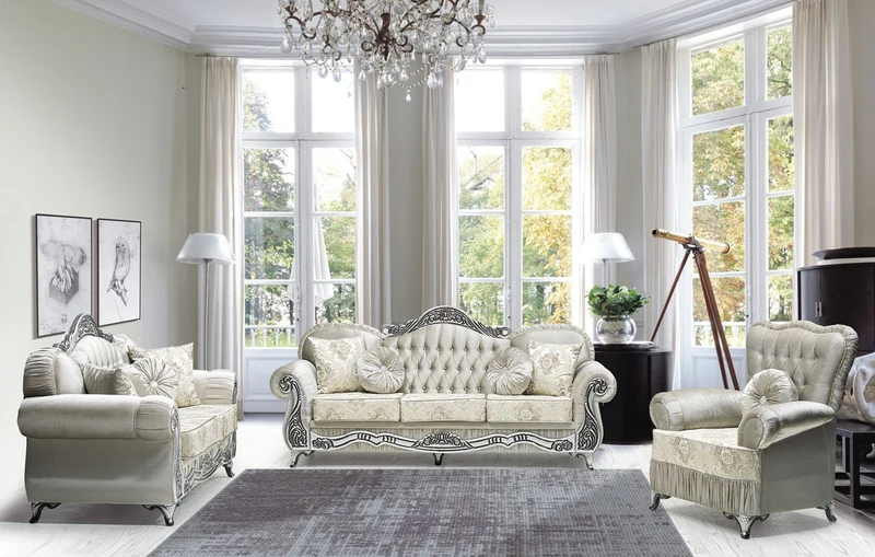 Casa Padrino Luxus Barock Sofa Grau / Creme / Silber / Schwarz - Prunkvolles Wohnzimmer Sofa mit elegantem Muster und Glitzersteinen - Luxus Wohnzimmer Möbel im Barockstil - Barock Möbel