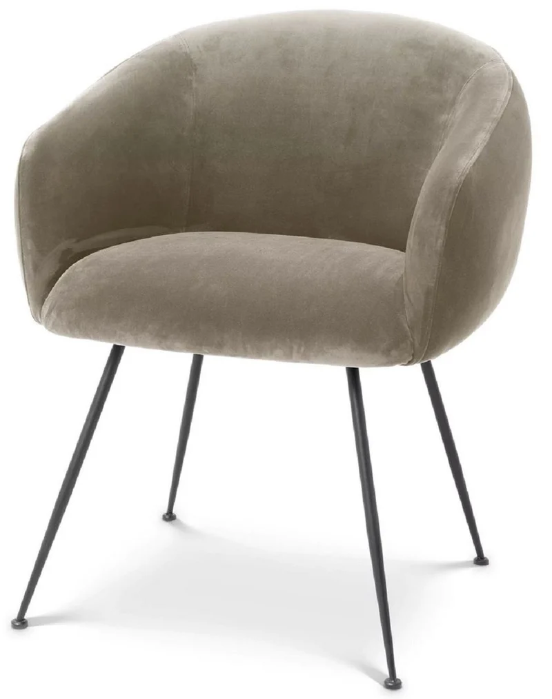 Casa Padrino Luxus Esszimmerstuhl mit Armlehnen Greige / Schwarz 61 x 60 x H. 79 cm - Küchenstuhl mit edlem Samtstoff - Esszimmer Möbel - Küchen Möbel - Luxus Möbel - Luxus Einrichtung