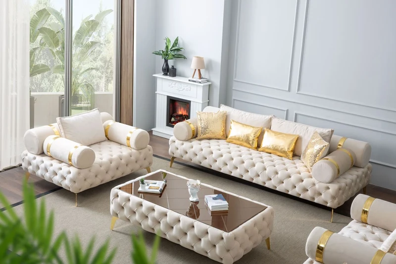 Casa Padrino Luxus Chesterfield 3er Sofa Creme / Gold 250 x 115 x H. 70 cm - Chesterfield Wohnzimmer Sofa - Wohnzimmer Möbel - Chesterfield Möbel - Luxus Möbel - Luxus Einrichtung - Möbel Luxus