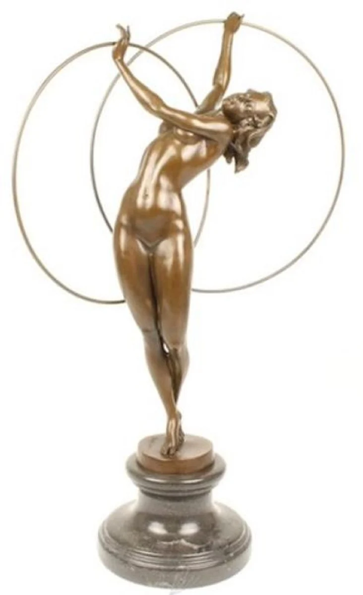 Casa Padrino Luxus Bronze Figur Hula Hoop Tänzerin Bronze / Schwarz 26,5 x 19,9 x H. 69,2 cm - Deko Bronze Skulptur mit Marmorsockel - Deko Accessoires