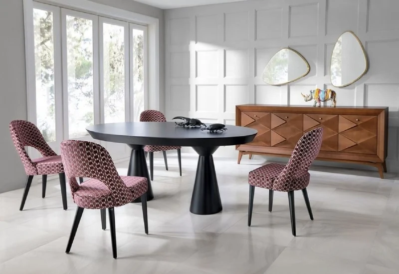 Casa Padrino Luxus Art Deco Esszimmerstuhl 4er Set Rot / Weiß / Schwarz 49 x 61 x H. 89 cm - Elegante Küchenstühle mit Muster - Esszimmer Möbel - Luxus Möbel - Art Deco Möbel - Luxus Einrichtung