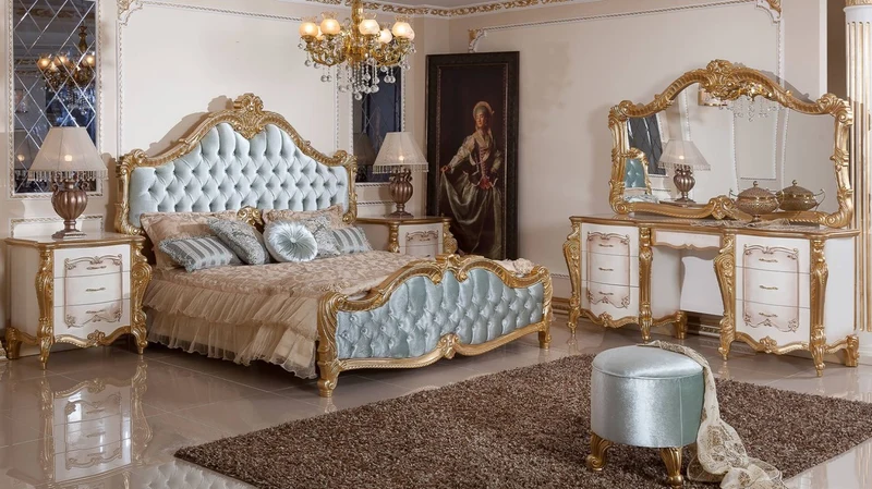 Casa Padrino Luxus Barock Schlafzimmer Set Weiß / Braun / Gold / Türkis - 1 Barock Schminkkommode & 1 Barock Spiegel & 1 Barock Hocker - Barock Schlafzimmer Möbel - Edel & Prunkvoll