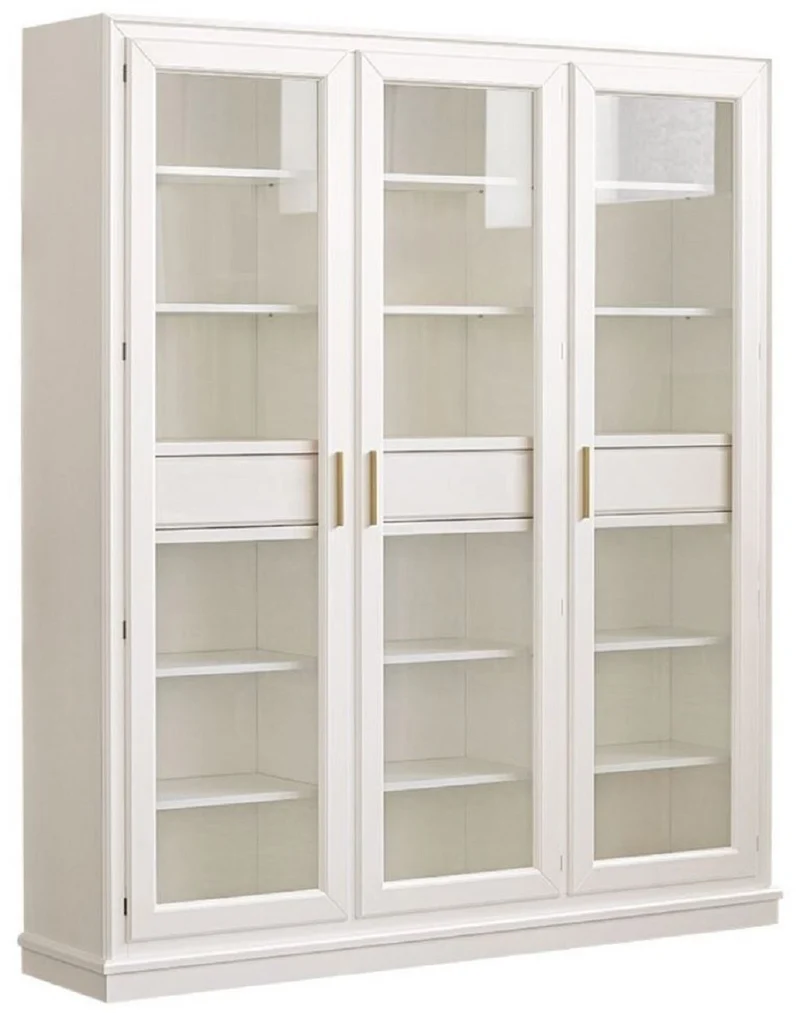 Casa Padrino Luxus Bücherschrank mit 3 Türen und LED Beleuchtung Weiß 200 x 45 x H. 230 cm - Massivholz Schrank - Wohnzimmerschrank - Regalschrank - Büroschrank - Luxus Möbel - Luxus Einrichtung