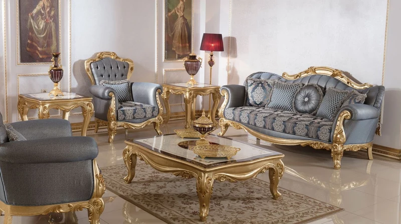 Casa Padrino Luxus Barock Sessel Blau / Gold - Handgefertigter Barockstil Wohnzimmer Sessel mit elegantem Muster - Barock Wohnzimmer Möbel - Edel & Prunkvoll