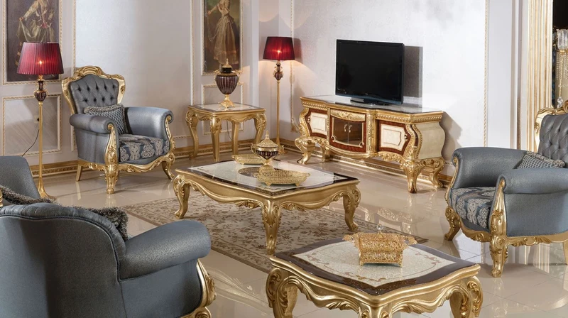 Casa Padrino Luxus Barock Sessel Blau / Gold - Handgefertigter Barockstil Wohnzimmer Sessel mit elegantem Muster - Barock Wohnzimmer Möbel - Edel & Prunkvoll