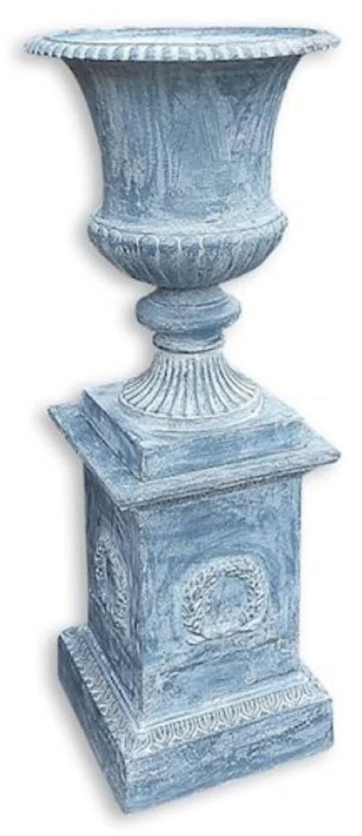 Casa Padrino Barock Vase mit Säule Blau H. 138 cm - Prunkvolle Gusseisen Blumenvase mit Sockel - Barock Garten Deko - Barock Terrassen Deko - Barock Deko Accessoires
