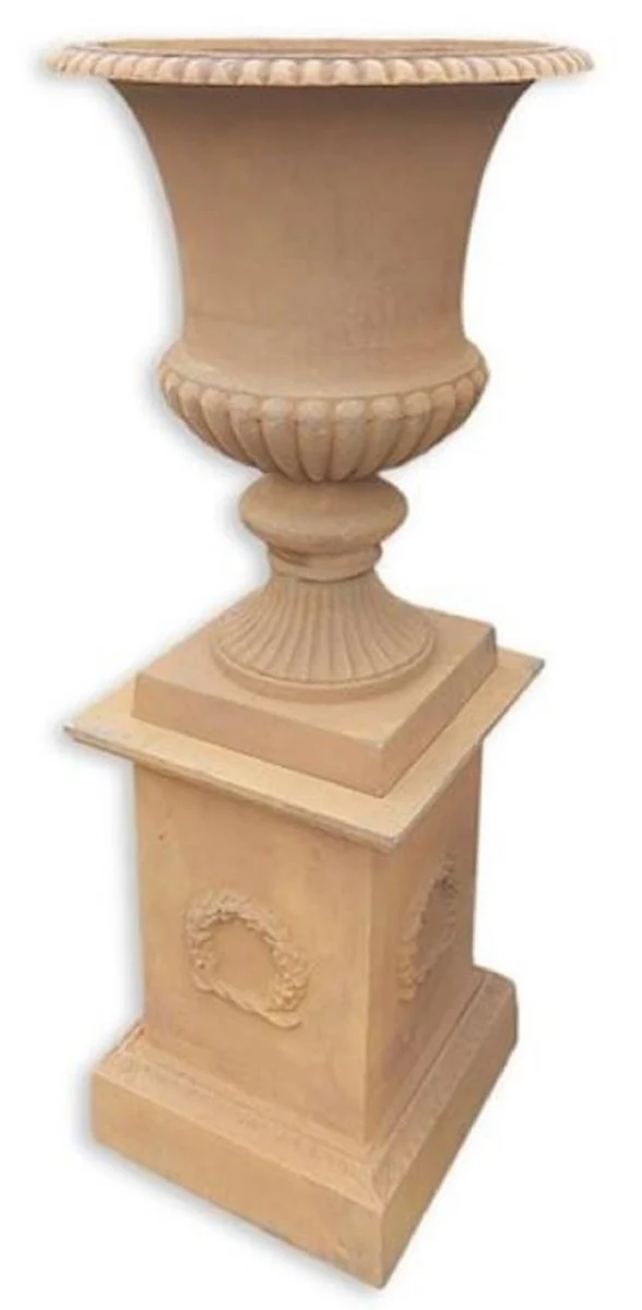 Casa Padrino Barock Vase mit Säule Beige H. 138 cm - Prunkvolle Gusseisen Blumenvase mit Sockel - Barock Garten Deko - Barock Terrassen Deko - Barock Deko Accessoires