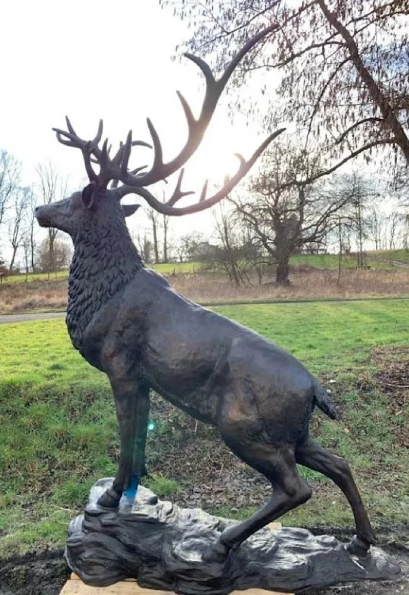 Casa Padrino Luxus Bronze Deko Skulptur Hirsch 196 x 130 x H. 269 cm - Riesiege Bronze Skulptur - Lebensgroße Tierfigur - XXL Bronze Hirsch Figur - XXL Garten Skulptur - Luxus Garten Deko