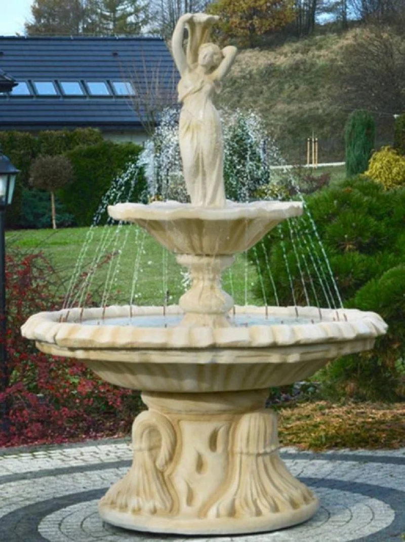 Casa Padrino Jugendstil Springbrunnen Frau mit Vase Sandfarben Ø 155 x H. 215 cm - Prunkvoller Gartenbrunnen - Gartendeko Brunnen - Barock & Jugendstil Garten Deko Accessoires