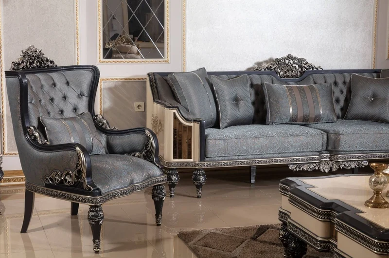 Casa Padrino Luxus Barock Sofa Hellblau / Beige / Schwarz / Gold - Prunkvolles Wohnzimmer Sofa mit elegantem Muster - Barock Wohnzimmer & Hotel Möbel - Edel & Prunkvoll