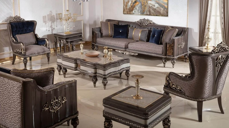 Casa Padrino Luxus Barock Sofa Grau / Dunkelbraun / Gold - Prunkvolles Wohnzimmer Sofa mit elegantem Muster - Barock Wohnzimmer & Hotel Möbel - Edel & Prunkvoll