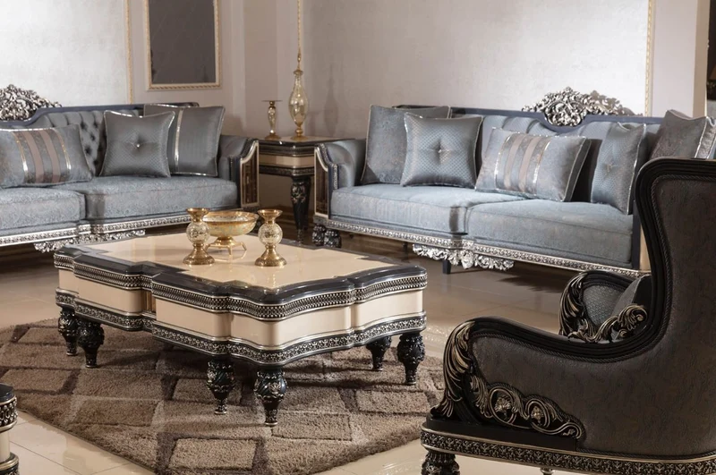 Casa Padrino Luxus Barock Sessel Hellblau / Schwarz / Gold - Handgefertigter Barockstil Wohnzimmer Sessel mit elegantem Muster - Barock Wohnzimmer Möbel - Edel & Prunkvoll