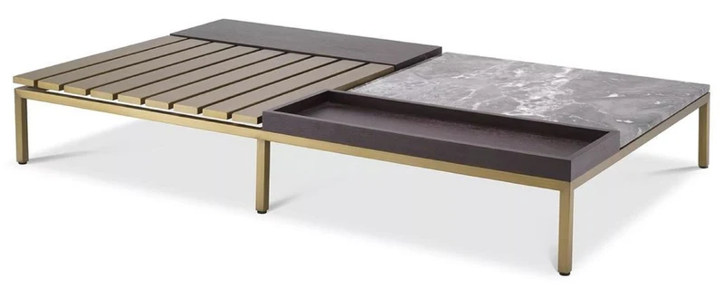 Casa Padrino Luxus Couchtisch Messingfarben / Grau / Braun 169,5 x 99,5 x H. 27 cm - Moderner Wohnzimmertisch - Luxus Wohnzimmer Möbel - Luxus Qualität