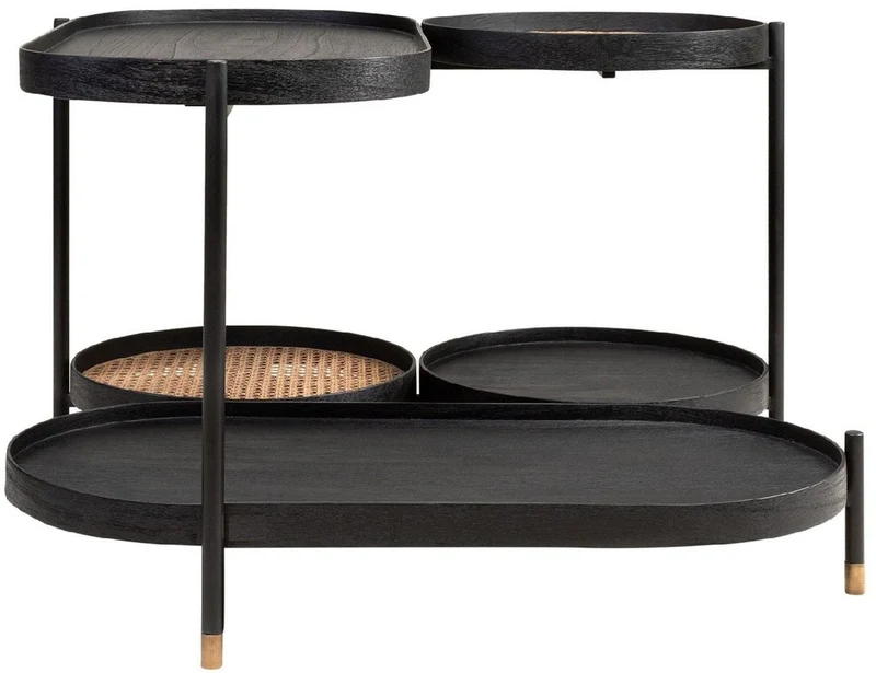 Casa Padrino Luxus Couchtisch Schwarz / Naturfarben / Messing 82,8 x 83,5 x H. 53 cm - Mindiholz & Rattan Wohnzimmertisch mit Stahl Gestell - Wohnzimmer Möbel - Luxus Möbel - Luxus Einrichtung