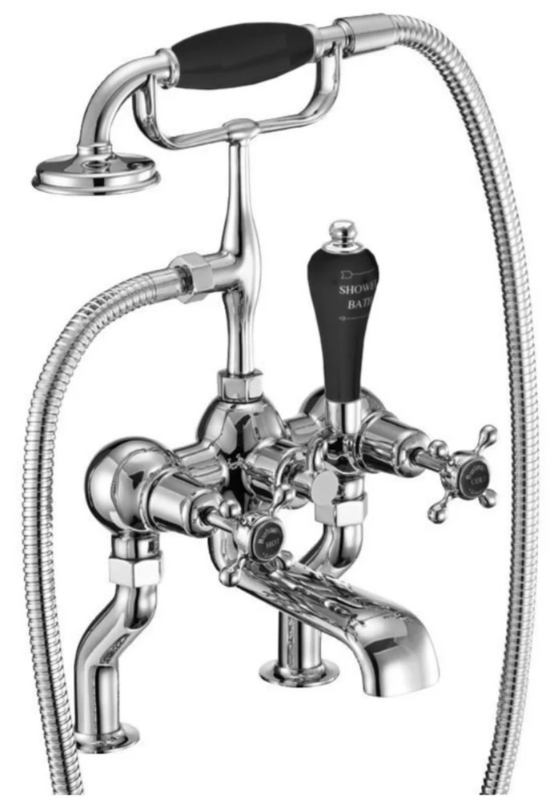 Casa Padrino Luxus Jugendstil Badewannenarmatur Silber / Schwarz H. 50,3 cm - Nostalgische Messing Badewannen Armatur mit Handbrause - Nostalgisches Badezimmer Zubehör