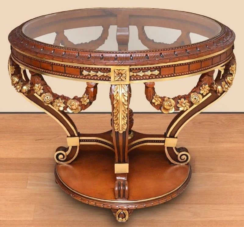 Casa Padrino Barock Konferenztisch Braun / Gold - Runder Massivholz Büro Tisch mit Glasplatte - Barock Büro Möbel - Edel & Prunkvoll