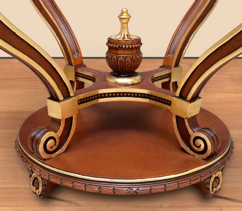 Casa Padrino Barock Konferenztisch Braun / Gold - Runder Massivholz Büro Tisch mit Glasplatte - Barock Büro Möbel - Edel & Prunkvoll