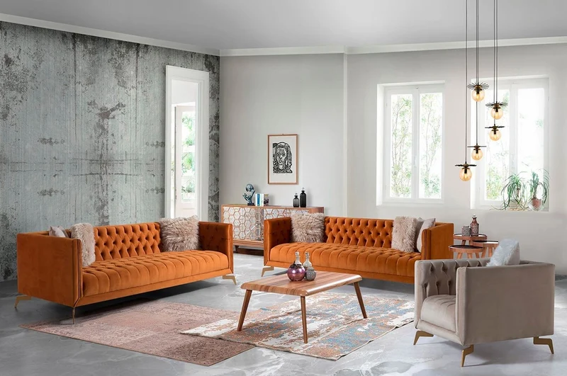 Casa Padrino Luxus Chesterfield 3er Sofa Orange / Messingfarben 240 x 85 x H. 75 cm - Chesterfield Wohnzimmer Sofa - Chesterfield Wohnzimmer Möbel - Luxus Kollektion