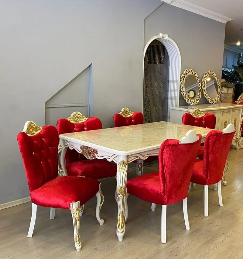 Casa Padrino Luxus Barock Esszimmer Set Rot / Weiß / Gold - 1 Barock Esstisch & 6 Barock Esszimmerstühle mit Glitzersteinen - Esszimmer Möbel im Barockstil - Barock Möbel - Edel & Prunkvoll