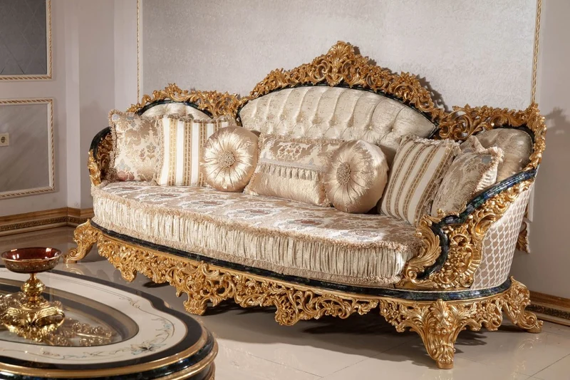 Casa Padrino Luxus Barock Wohnzimmer Set Gold / Weiß / Blau / Gold - 2 Sofas & 2 Sessel & 1 Couchtisch & 2 Beistelltische - Handgefertigte Wohnzimmer Möbel im Barockstil - Edel & Prunkvoll