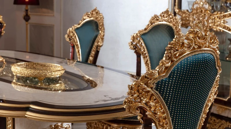 Casa Padrino Luxus Barock Esszimmerstuhl Set Blau / Braun / Gold - Handgefertigtes Küchen Stühle 6er Set mit elegantem Muster - Barock Esszimmer Möbel - Edel & Prunkvoll