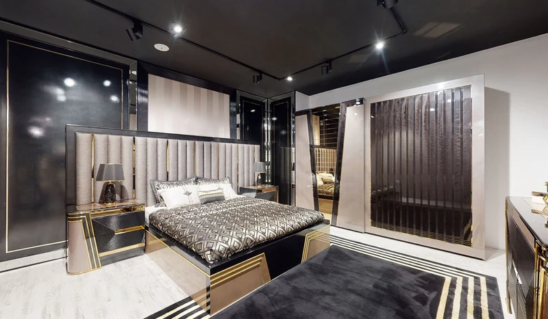 Casa Padrino Luxus Schlafzimmerschrank Grau / Schwarz / Gold - Moderner verspiegelter Kleiderschrank mit 2 Schiebetüren - Luxus Schlafzimmer & Hotel Möbel