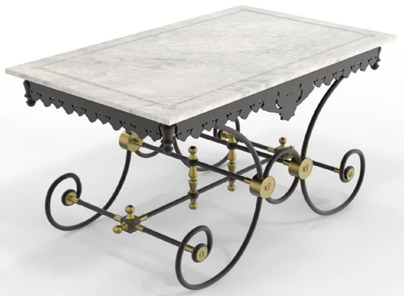 Casa Padrino Jugendstil Gartentisch Weiß / Schwarz / Messing 130 x 80 x H. 75 cm - Nostalgischer Schmiedeeisen Garten & Terrassen Tisch mit Marmorplatte - Jugendstil Garten & Terrassen Möbel