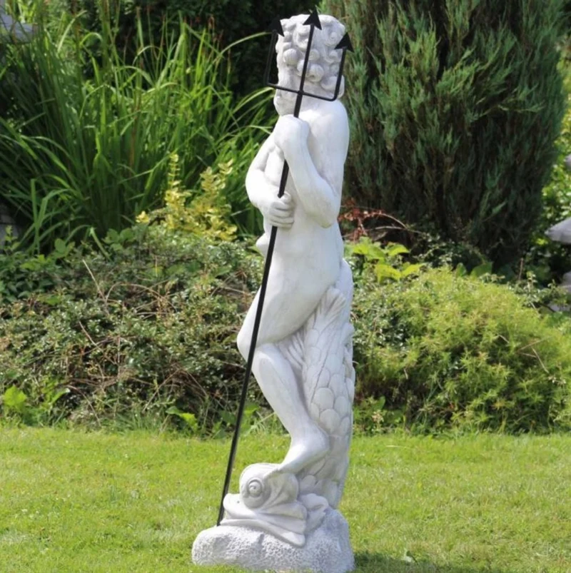 Casa Padrino Jugendstil Wasserspeier Skulptur Neptun mit Fisch Grau / Schwarz 35 x 35 x H. 123 cm - Elegante Wasserspeier Stein Figur - Barock & Jugendstil Garten Deko Accessoires