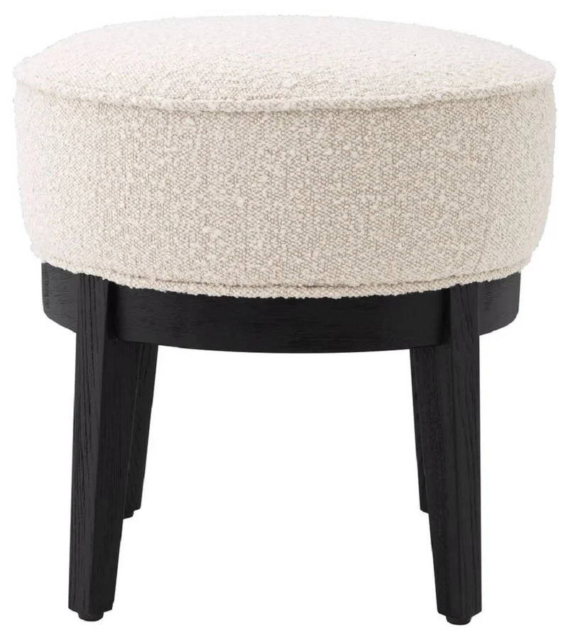 Casa Padrino Luxus Hocker Cremefarben / Schwarz Ø 45,5 x H. 47 cm - Runder Wohnzimmer Sitzhocker - Moderner Rundhocker - Luxus Möbel