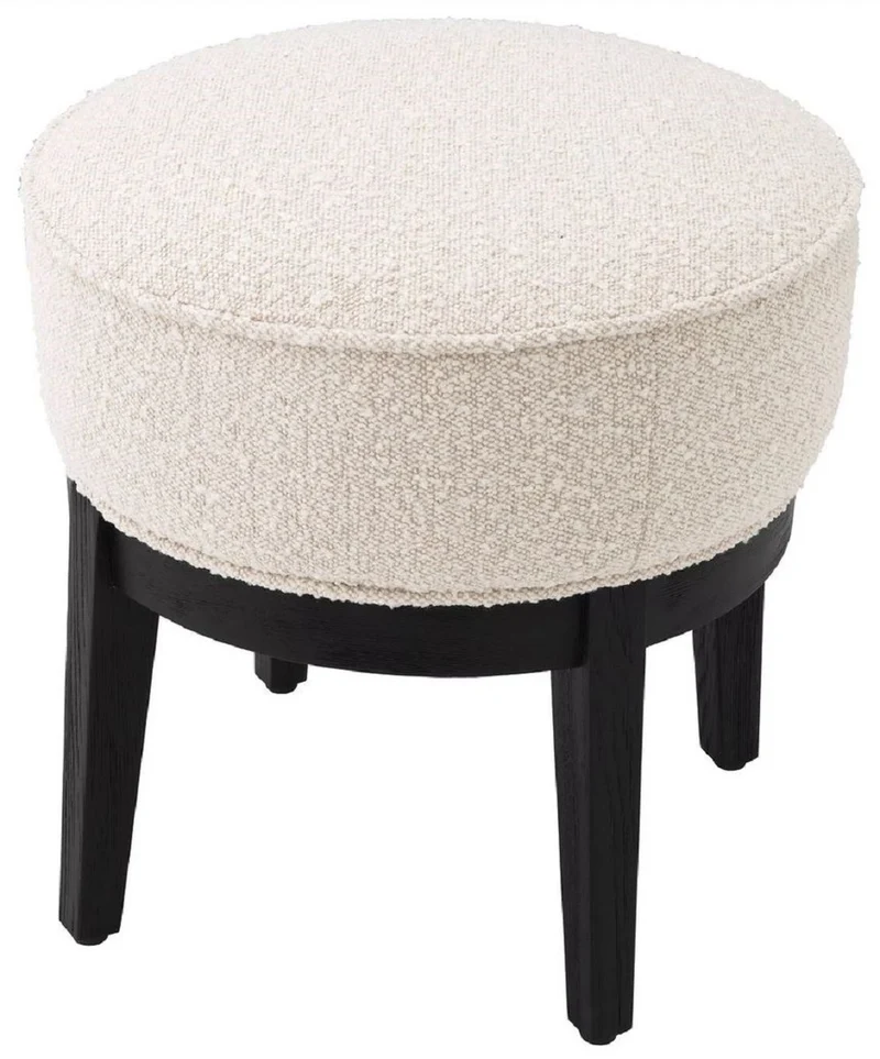 Casa Padrino Luxus Hocker Cremefarben / Schwarz Ø 45,5 x H. 47 cm - Runder Wohnzimmer Sitzhocker - Moderner Rundhocker - Luxus Möbel