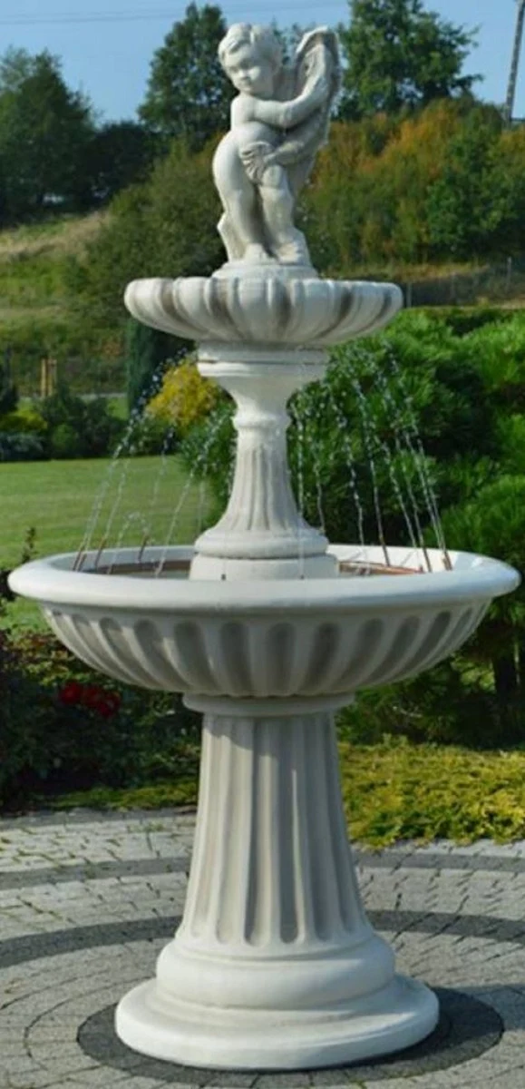 Casa Padrino Jugendstil Springbrunnen Junge mit Fisch Grau Ø 92 x H. 185 cm - Prunkvoller Gartenbrunnen - Gartendeko Brunnen - Barock & Jugendstil Garten Deko Accessoires