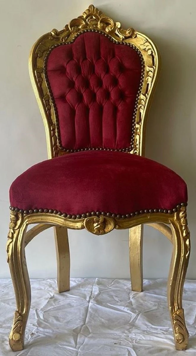 Casa Padrino Barock Esszimmer Stuhl Bordeauxrot / Gold - Handgefertigter Antik Stil Stuhl mit edlem Samtstoff - Barock Esszimmer Möbel