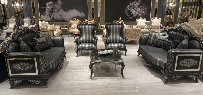 Casa Padrino Luxus Barock Sessel Silber / Grau / Schwarz / Silber - Handgefertigter Barockstil Wohnzimmer Sessel mit Streifen - Barock Wohnzimmer Möbel - Edel & Prunkvoll