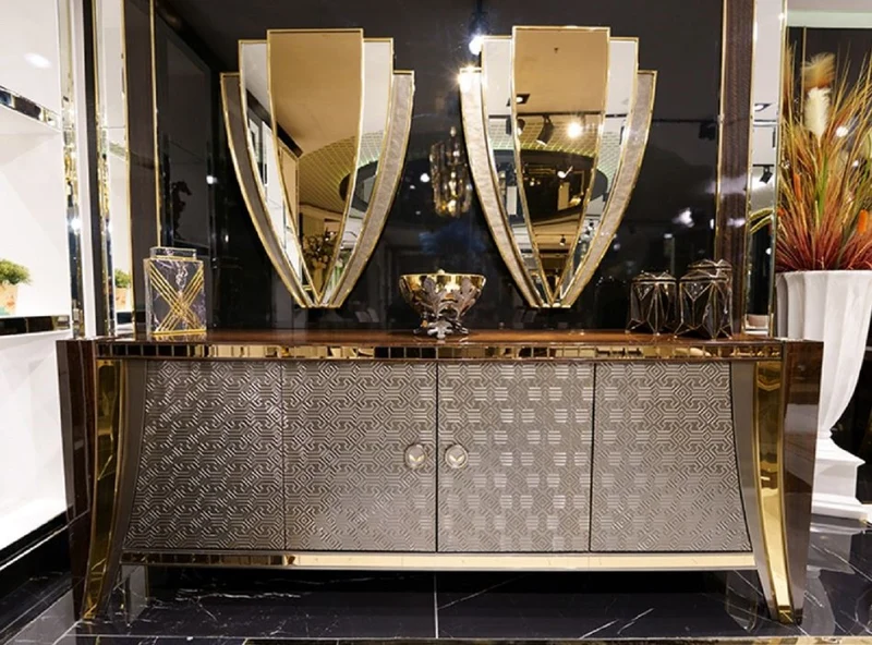 Casa Padrino Luxus Möbel Set Braun / Silber / Gold - 1 Luxus Sideboard mit 4 Türen & 2 Luxus Wandspiegel - Moderne Luxus Möbel