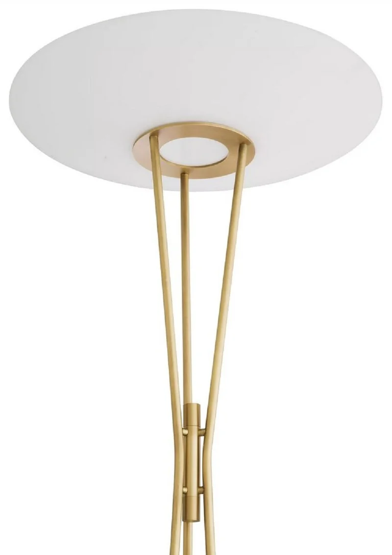 Casa Padrino Luxus Stehleuchte Antik Messingfarben / Beige / Weiß Ø 70 x H. 185 cm - Moderne Stahl Stahlampe mit Travertin Naturstein Lampenfuß und rundem Glas Lampenschirm - Luxus Kollektion